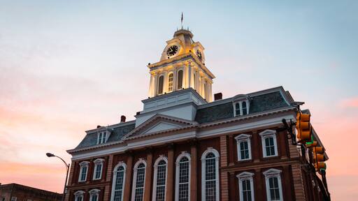 a view of the old courthouse in Indiana PA at sunset