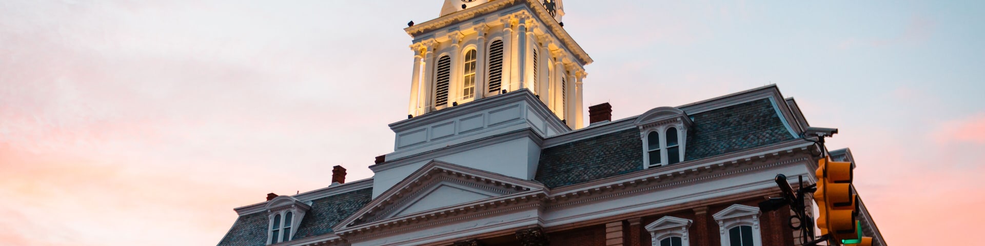 a view of the old courthouse in Indiana PA at sunset