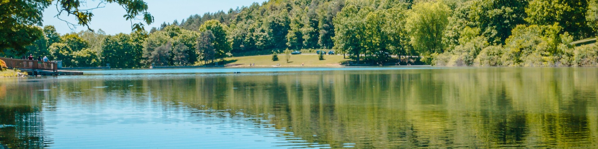 Un lago tranquilo rodeado de colinas verdes y un cielo azul despejado.