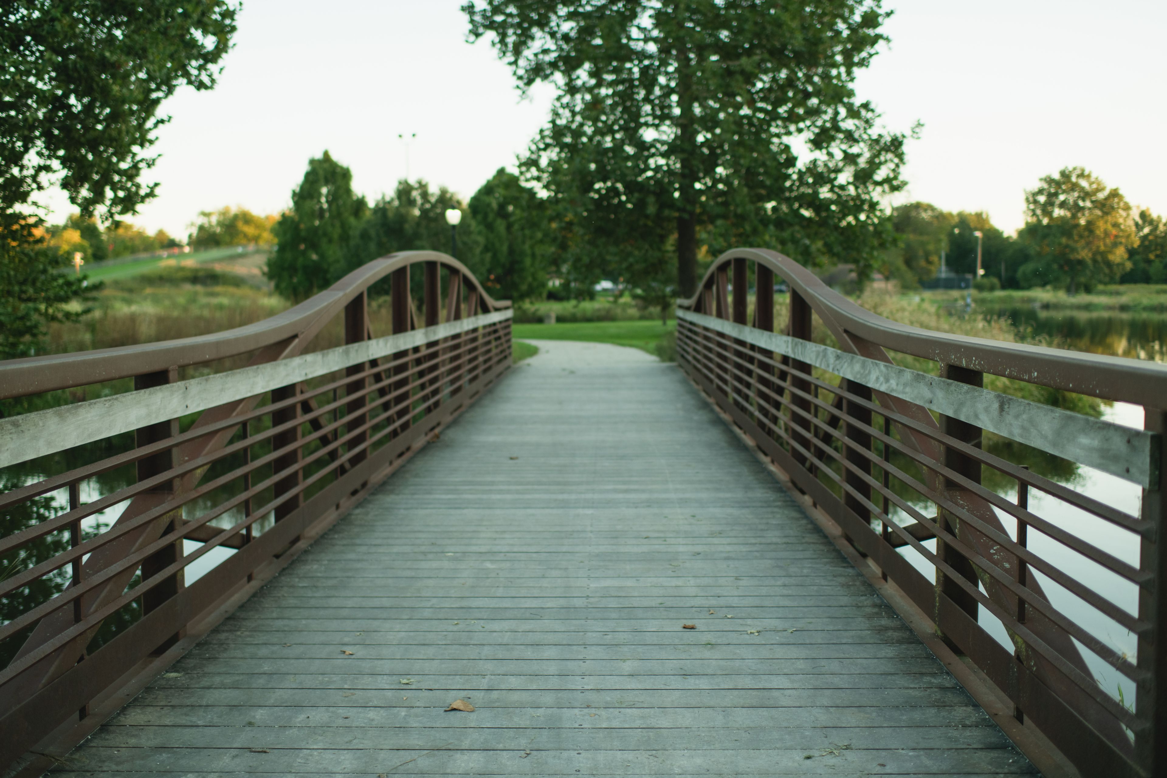 A wooden bridge with metal railings over a body of water, surrounded by trees and greenery.