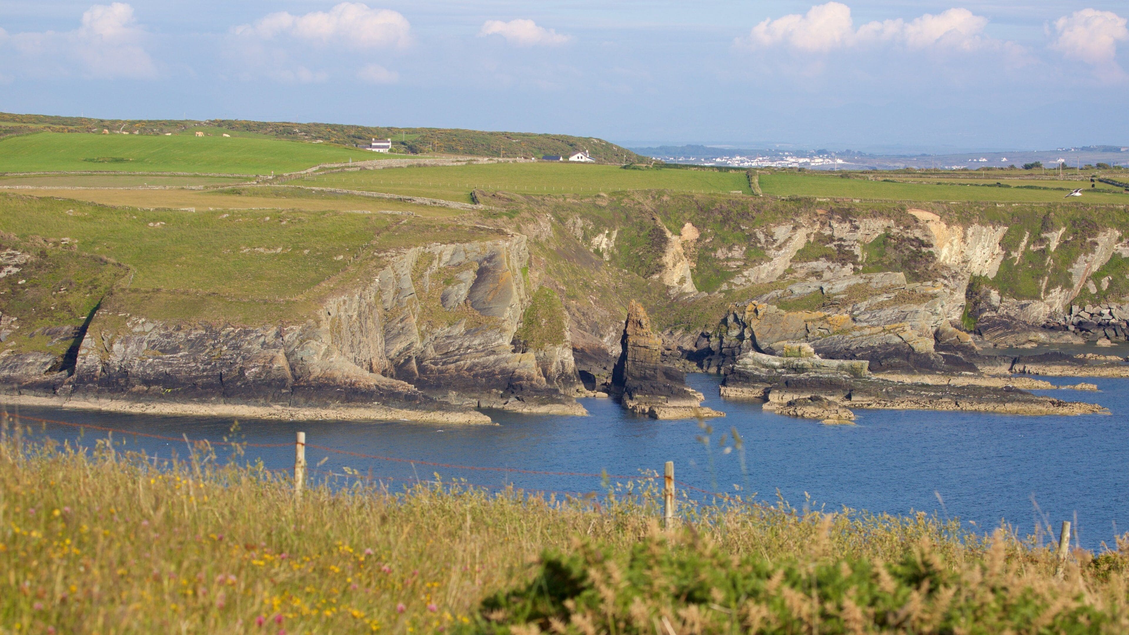 A coastal landscape with cliffs, a body of water, and distant buildings.