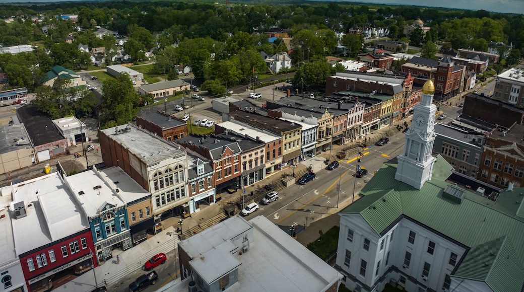 MAY 9, 2023 - WINCHESTER, KENTUCKY - aerial view of historic small town of Winchester with Town Clocktower and historic storefronts and buildings