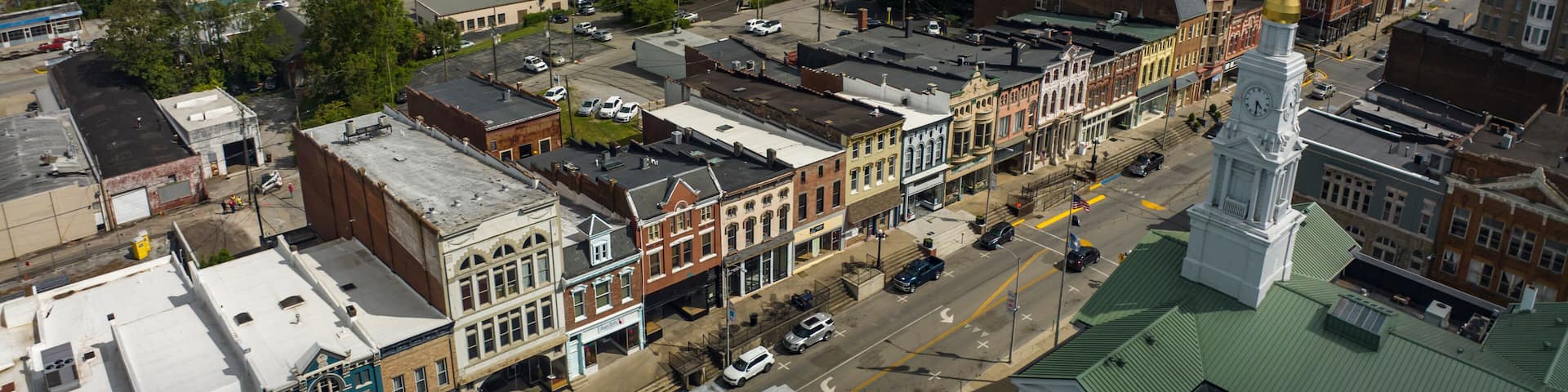 MAY 9, 2023 - WINCHESTER, KENTUCKY - aerial view of historic small town of Winchester with Town Clocktower and historic storefronts and buildings