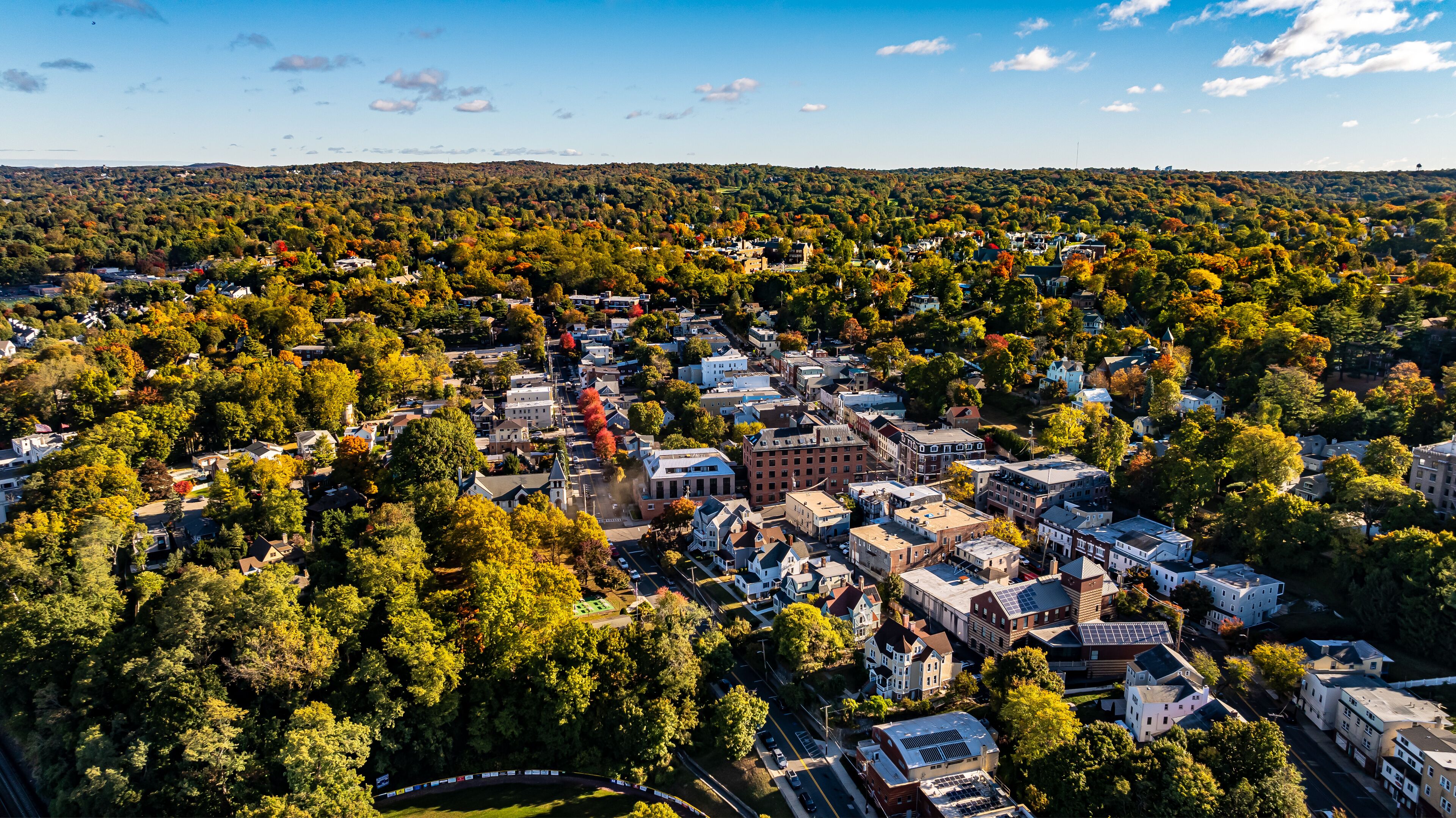 Morning fall, autumn, October 2024, aerial photo of the area surrounding the Village of Dobbs Ferry, NY, USA