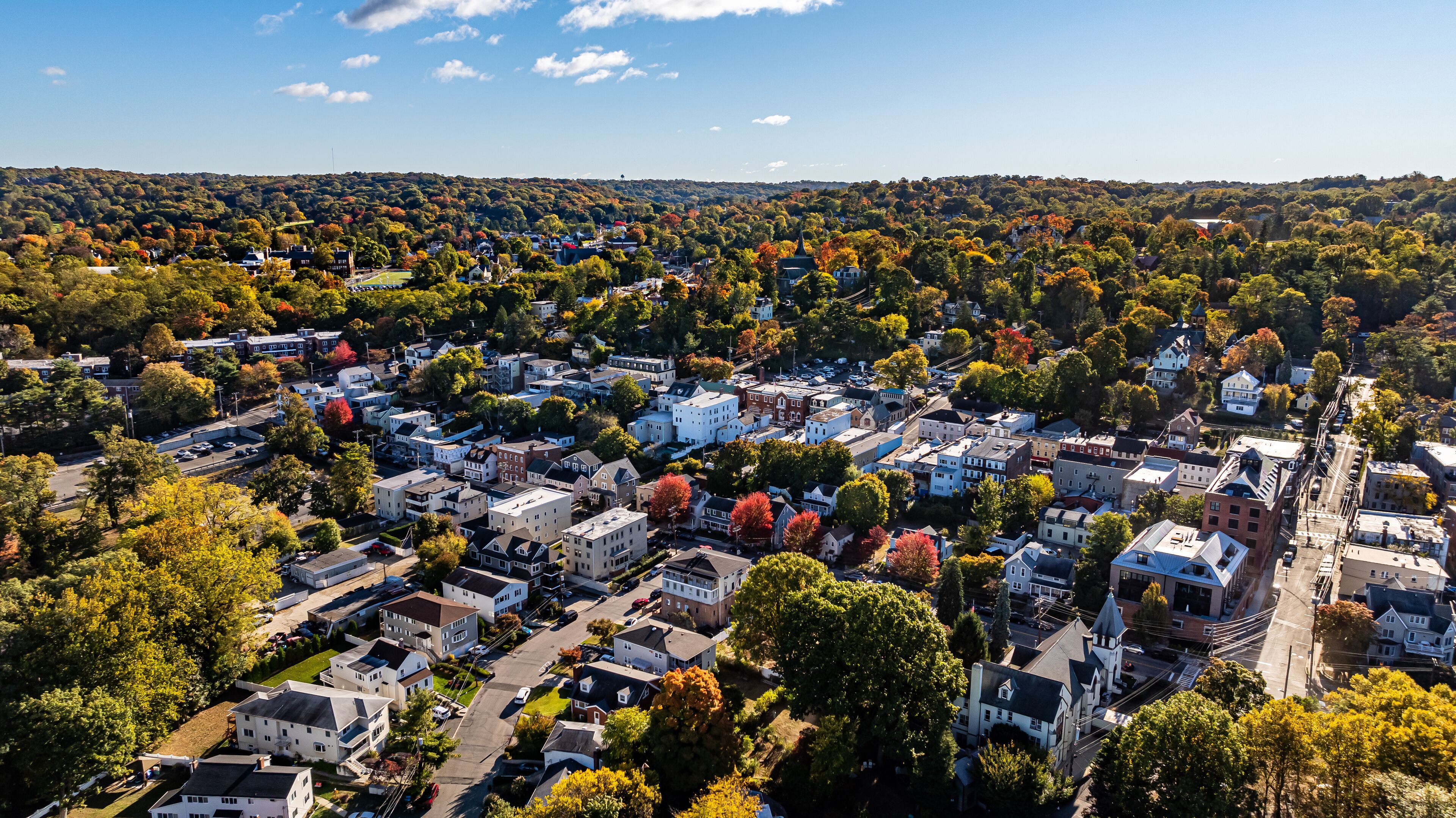 Morning fall, autumn, October 2024, aerial photo of the area surrounding the Village of Dobbs Ferry, NY, USA