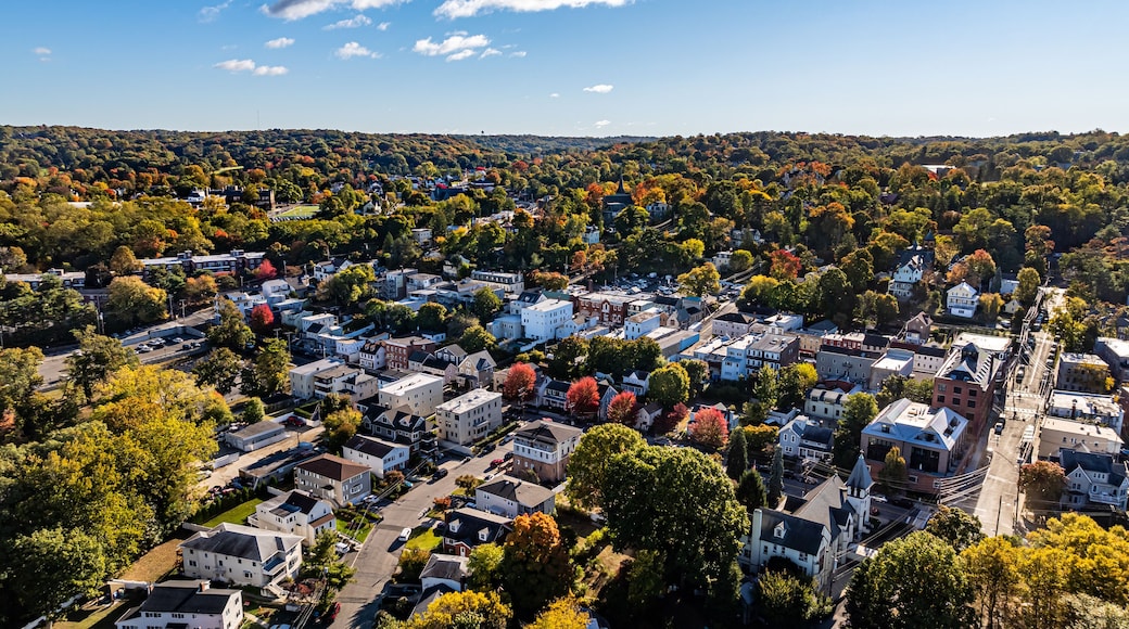 Morning fall, autumn, October 2024, aerial photo of the area surrounding the Village of Dobbs Ferry, NY, USA