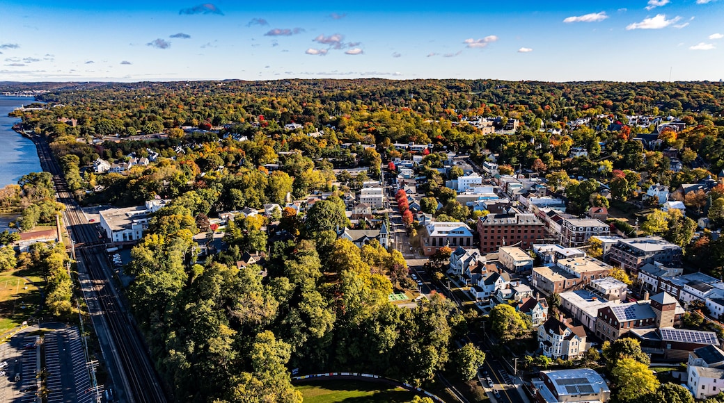 Morning fall, autumn, October 2024, aerial photo of the area surrounding the Village of Dobbs Ferry, NY, USA