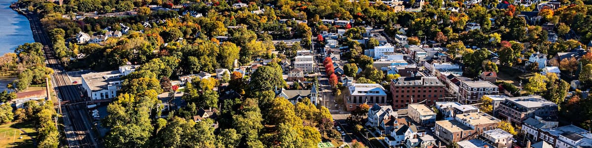 Morning fall, autumn, October 2024, aerial photo of the area surrounding the Village of Dobbs Ferry, NY, USA