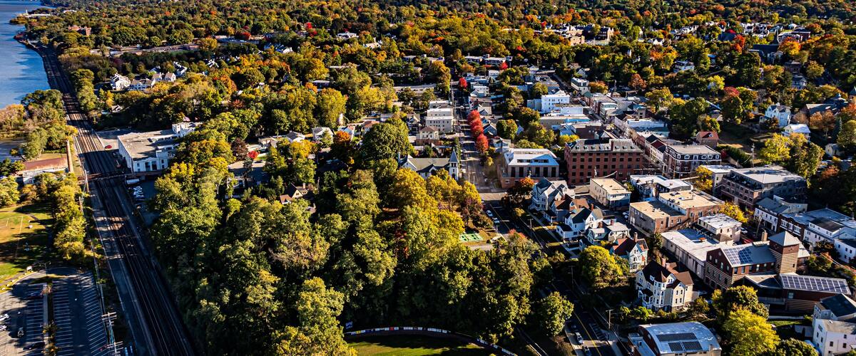 Morning fall, autumn, October 2024, aerial photo of the area surrounding the Village of Dobbs Ferry, NY, USA