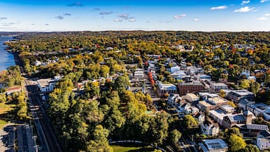 Morning fall, autumn, October 2024, aerial photo of the area surrounding the Village of Dobbs Ferry, NY, USA