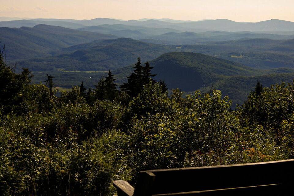 A mountainous landscape with dense forests and a distant view of rolling hills.