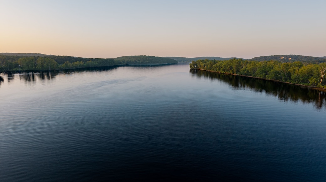 Summer aerial view featuring the Connecticut River at sunrise, between East Haddam and Chester