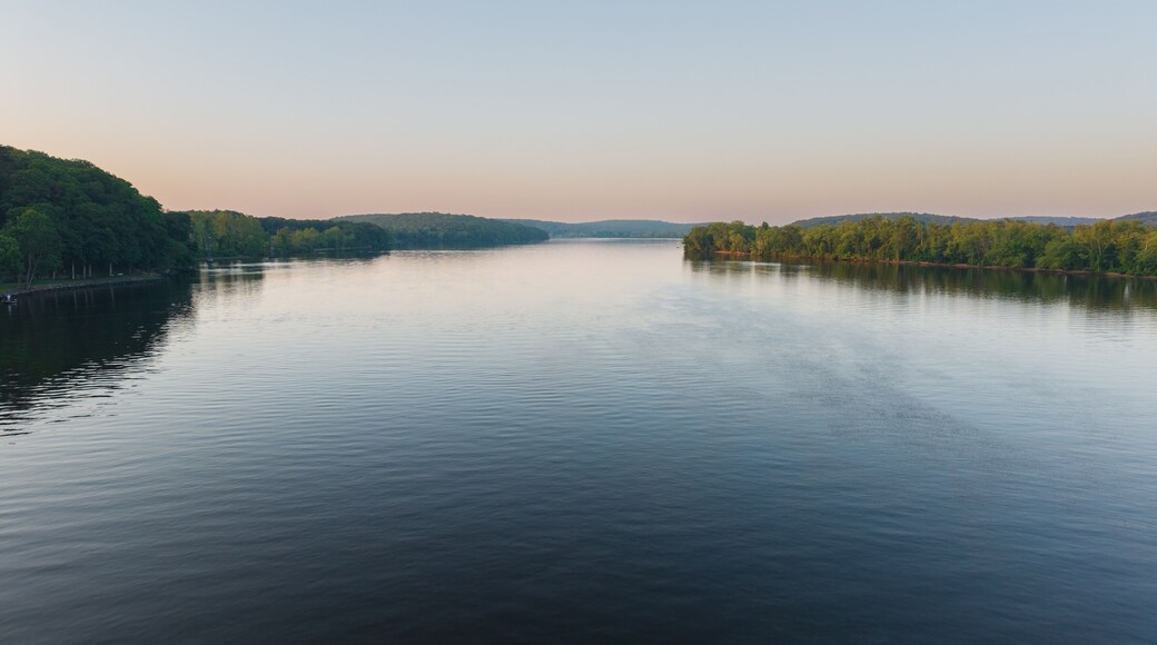 Summer aerial view featuring the Connecticut River at sunrise, between East Haddam and Chester