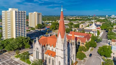 A cathedral with a tall spire, surrounded by modern buildings and a clear blue sky.