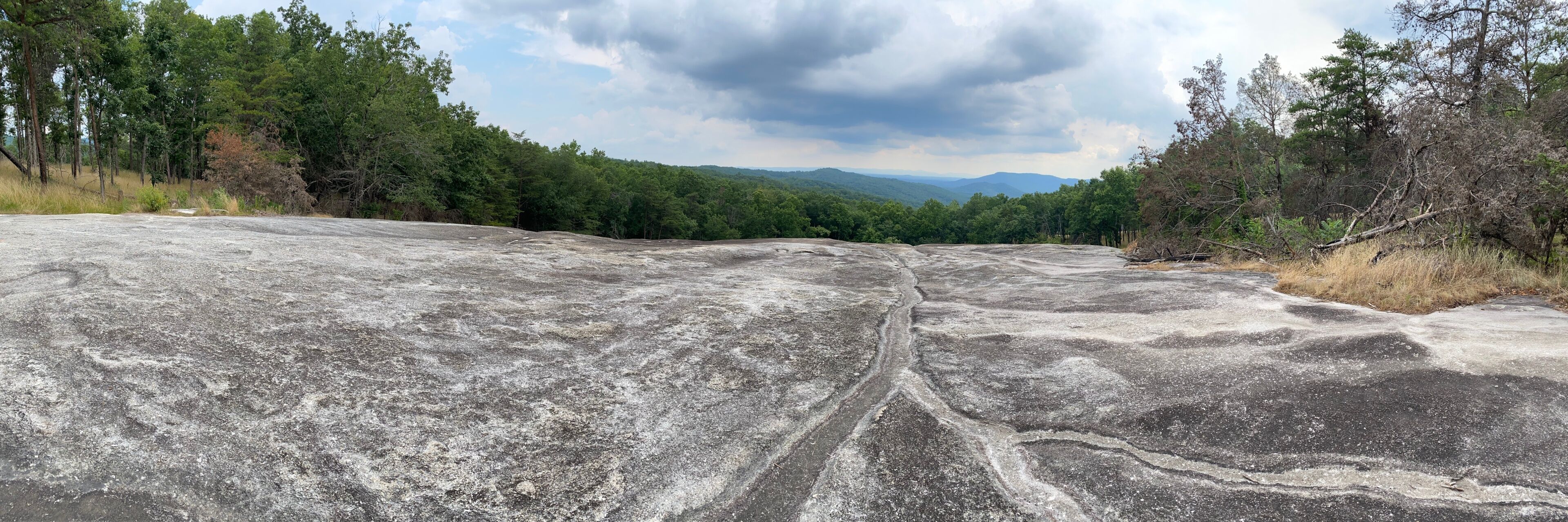 A rocky landscape with a forested valley and distant mountains.