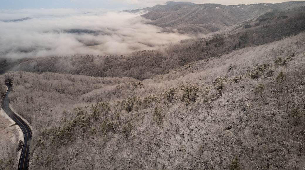 Aerial View of Winding North Carolina Mountain Road in the Snow