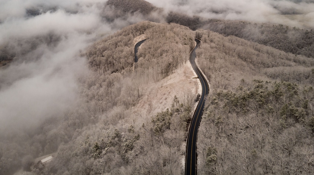Aerial View of Winding North Carolina Mountain Road in the Snow