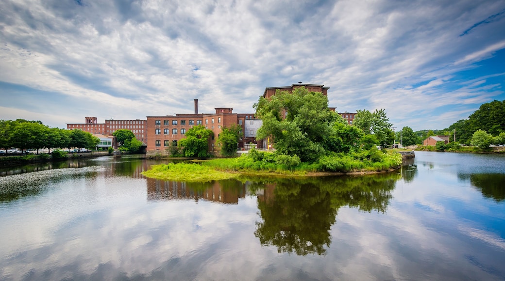 Historic brick buildings and the Cocheco River, in Dover, New Ha