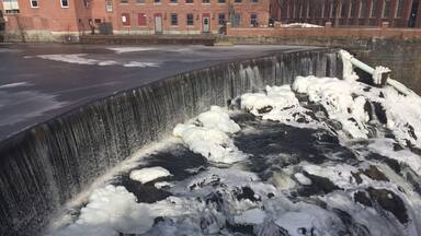 Nearly frozen waterfall outside of the building one of my close friends works at. Love it. Dover, NH. Jan 2016