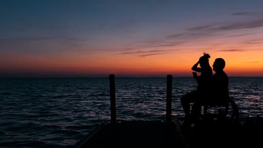 Silhouette of a disabled young man and his girlfriend in a wheelchair enjoying the sunset over Lake Apopka near Orlando, Florida.