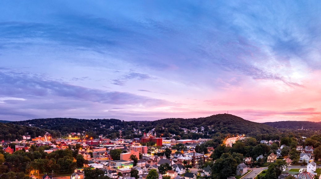 Aerial cityscape of Dover, New Jersey with dramatic sky at dusk. Dover has become a majority minority community, with 70 percent of the population identifying themselves as Hispanic.