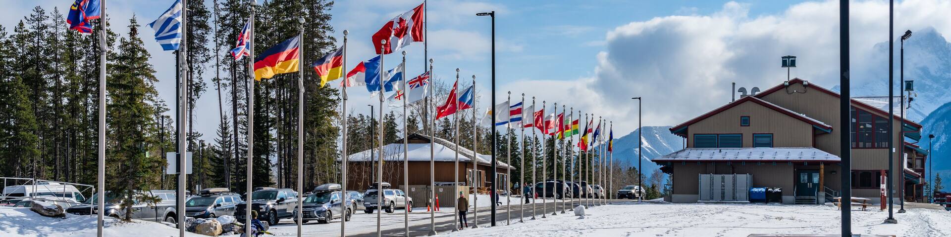 Canmore Nordic Centre Provincial Park in winter sunny day morning. The provincial park was originally constructed for the 1988 Winter Olympics. Canmore, AB, Canada.