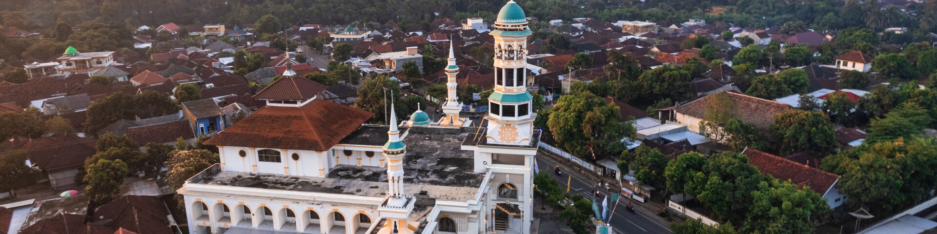 Eine große Moschee mit mehreren Minaretten und Kuppeln, umgeben von Wohngebäuden und Grünflächen.
