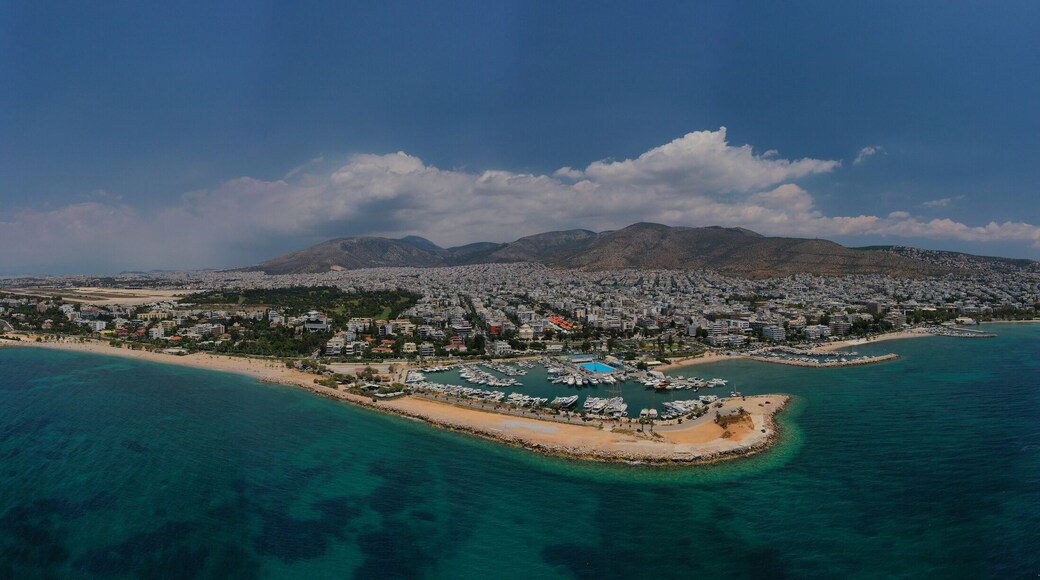Aerial drone panoramic photo of famous seaside area of Glyfada, Attica, Athens riviera, Greece