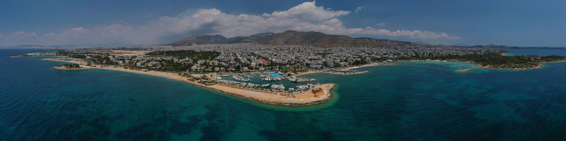 Aerial drone panoramic photo of famous seaside area of Glyfada, Attica, Athens riviera, Greece
