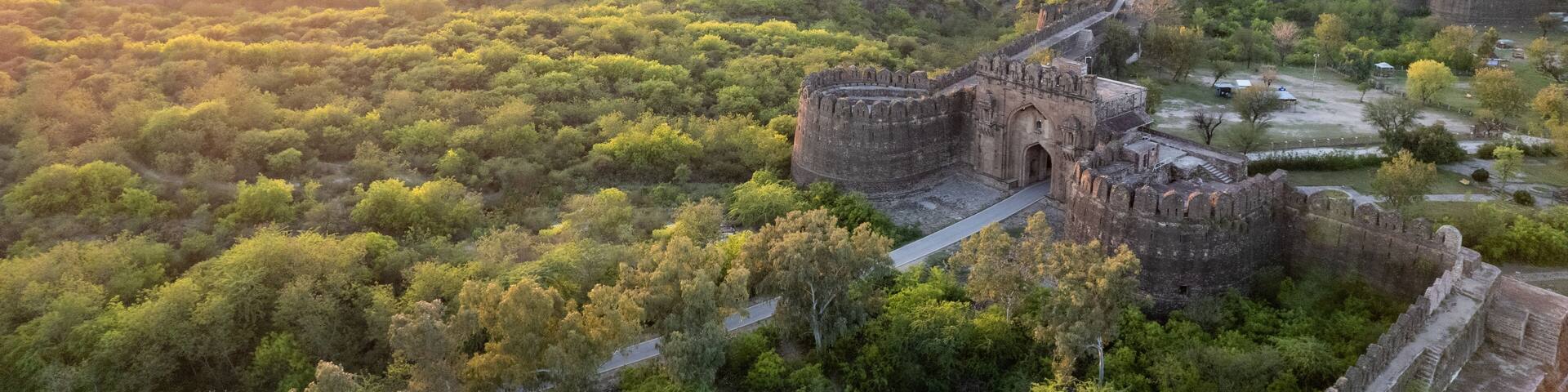 Landscape of Rohtas fort during sunset. Rohtas fort gate on the green hill.
