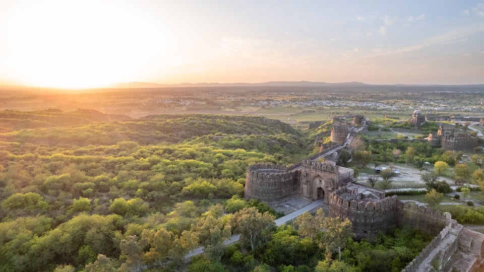 A historic fortification surrounded by dense greenery, with a distant view of a cityscape and mountains.