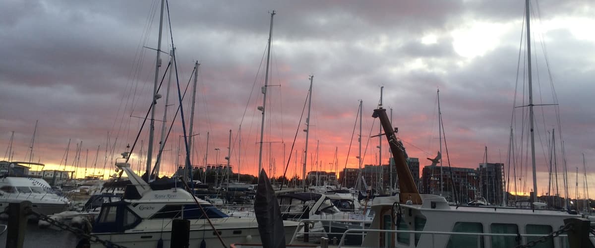 A marina with multiple sailboats docked under a cloudy sky.