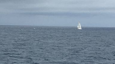 A sailboat on a calm sea under cloudy skies.
