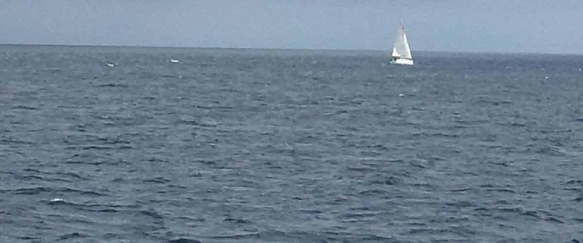A sailboat on a calm sea under cloudy skies.