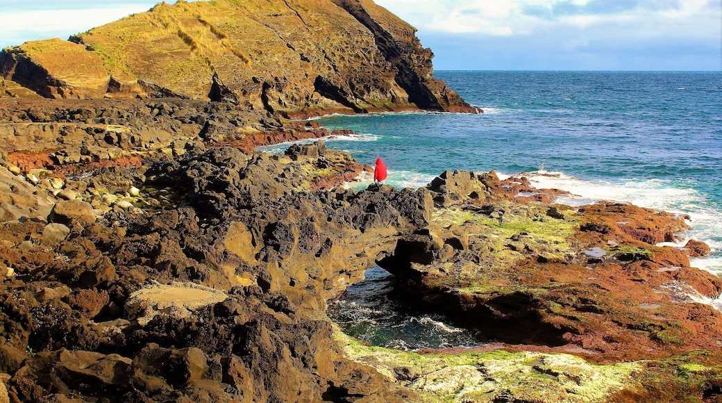 I took this on March 19th in the Azores Islands, Portugal. It was my 1st day there and I took a walk along the Ponta Delgada area coast. The scenery was volcanic and otherworldly! I was especially in awe when I came upon these rock formations. Especially when the sunset light started to shine on it! It really felt like a mythical coast ;).
Also, as you might can tell, the wind was definitely strong there! Ponta Delgada is the capital of the Azores and is a wonderful place to stay there. It's easy to walk around the area and the architecture is beautiful. But, the coastline is also amazing! There are even breathtaking mountains behind this rock formation. One can see them in the distance. But, this spot here was about only a 30 minute walk from the main city center. An easy but fun walk to have! Just be prepared for possible rain and probable wind ;).