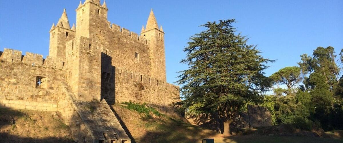 A large stone castle with multiple towers and a prominent entrance gate.