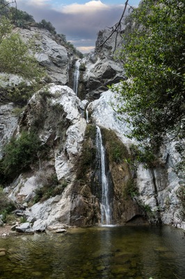 Fish Canyon Falls in the San Gabriel Mountains near Duarte and Los Angeles, California, USA.