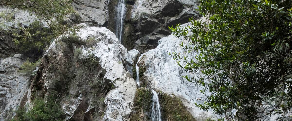 Fish Canyon Falls in the San Gabriel Mountains near Duarte and Los Angeles, California, USA.
