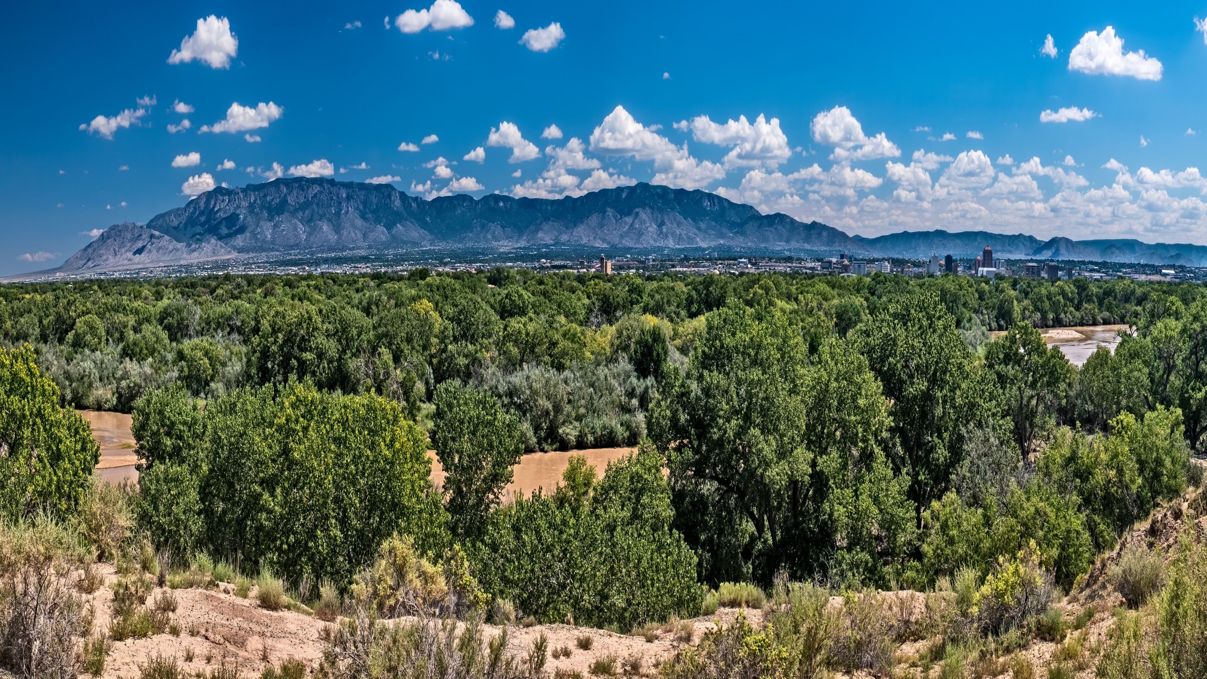 Albuquerque New Mexico, with Sandia mountains and Rio Grande river