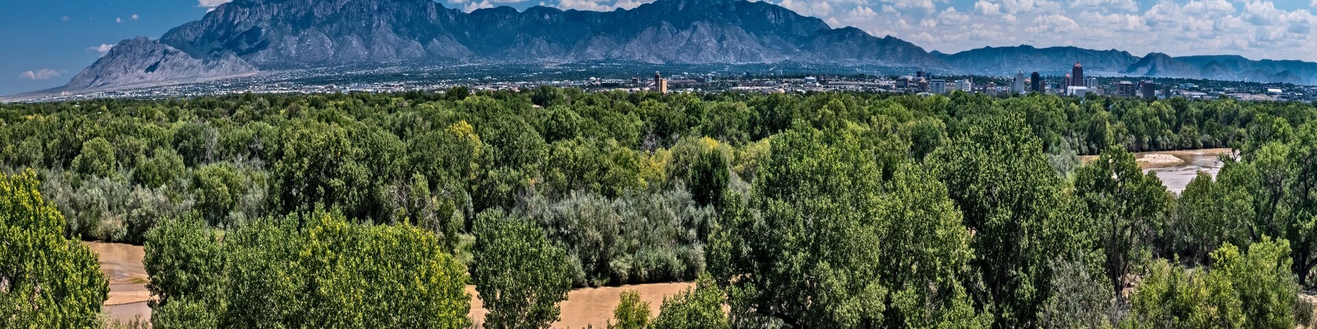 Paisagem montanhosa com florestas verdes densas e uma cidade ao longe.