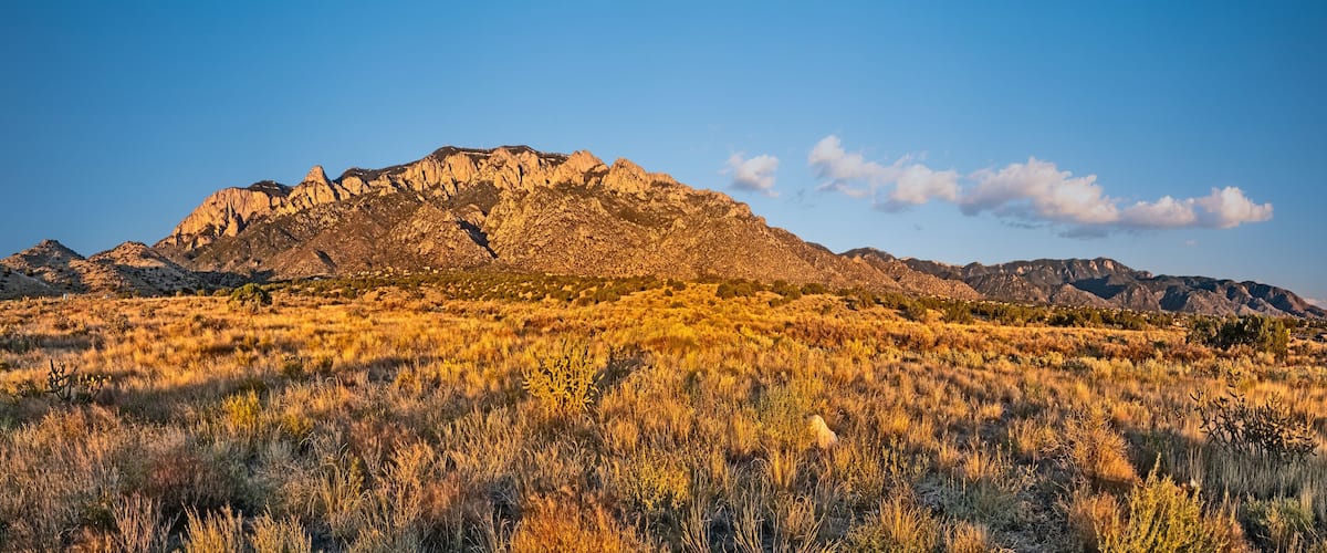 A mountain range with sparse vegetation and a clear sky.