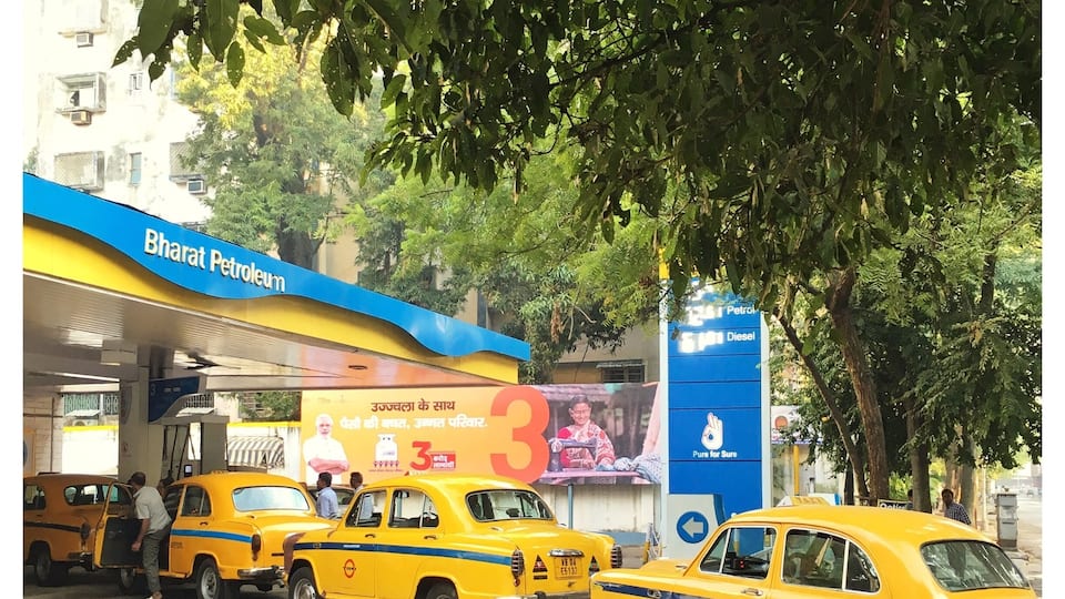 Ambassador taxis forming an orderly queue, Kolkata, West Bengal, India.
