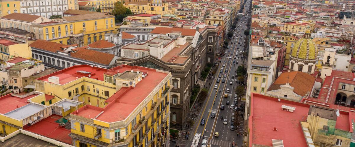 Aerial view of Corso Umberto I in Naples, Italy. This is one of the main roads in city traffic. In the background is the business center of the city.