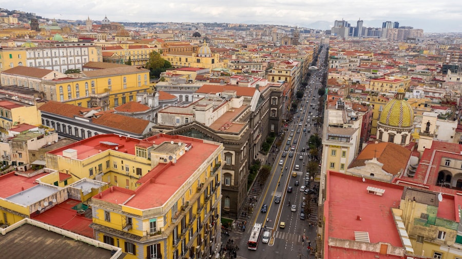 Aerial view of Corso Umberto I in Naples, Italy. This is one of the main roads in city traffic. In the background is the business center of the city.