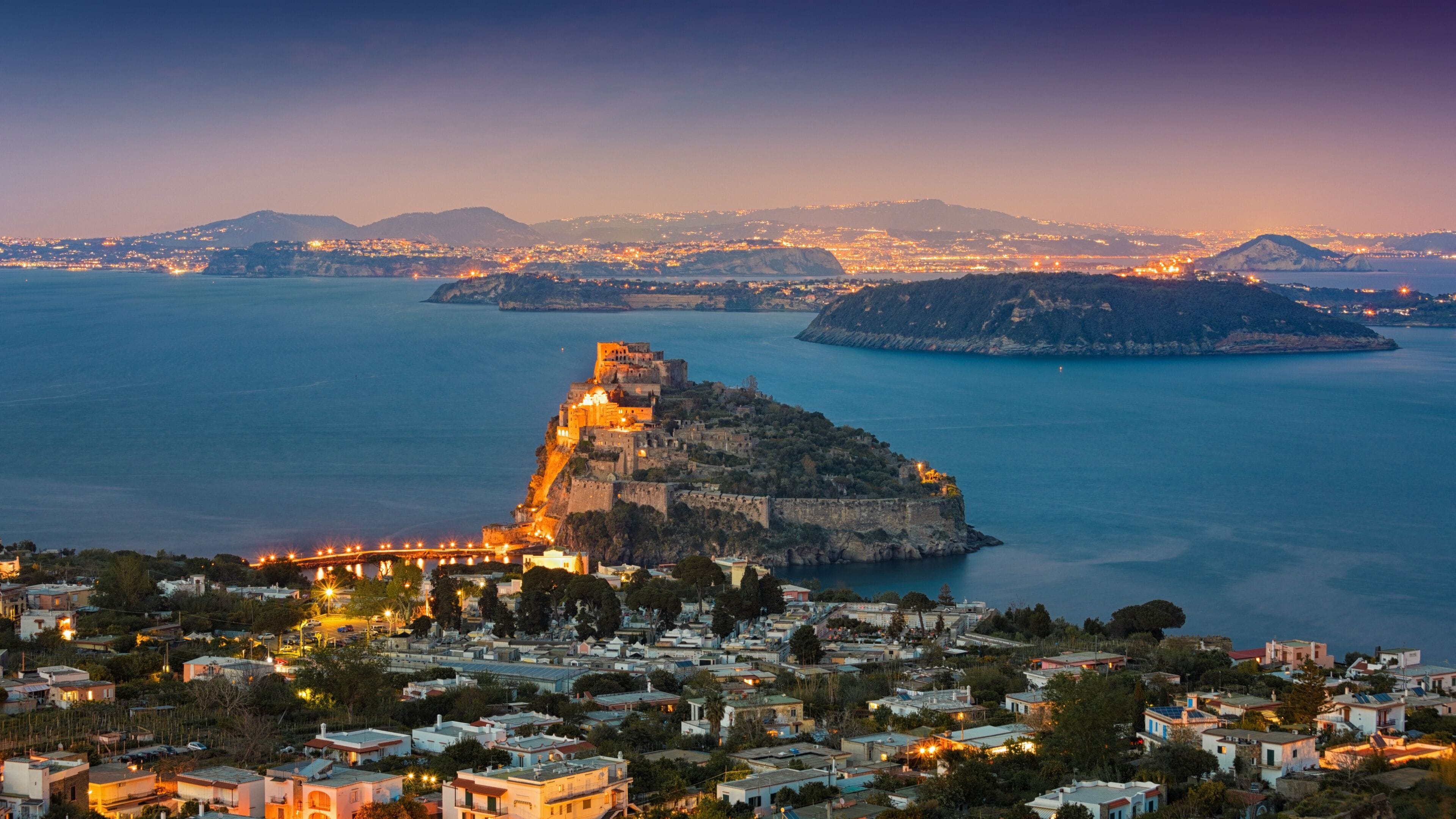 A coastal town with a historic fortified castle on a hill overlooking the sea, surrounded by residential buildings and a bridge connecting to the mainland.