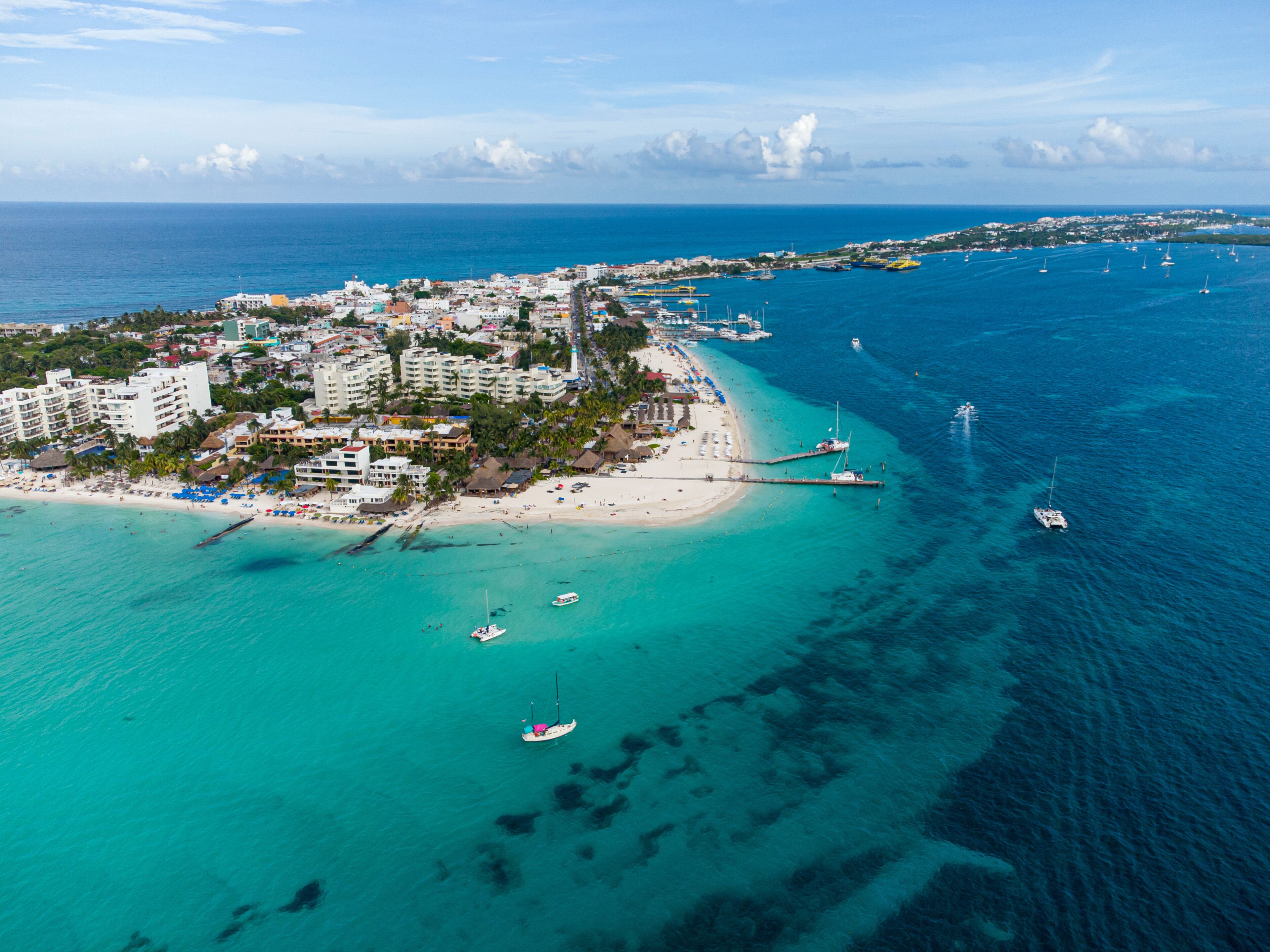 Drone shot of Playa Norte beach the most popular beach in Mexico. located at Isla Mujeres near Cancun