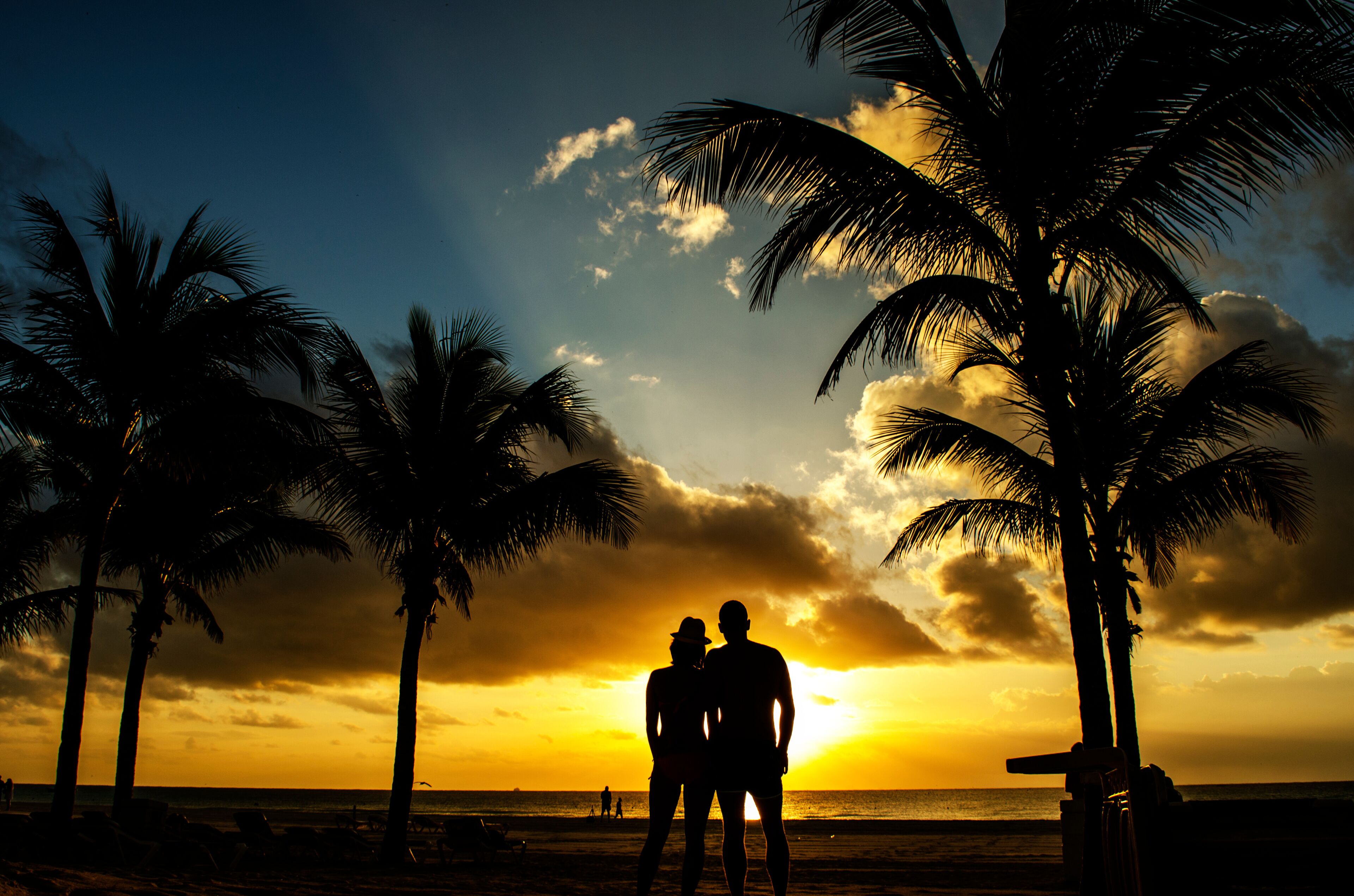 Siluetas de personas en una playa con palmeras y un atardecer.