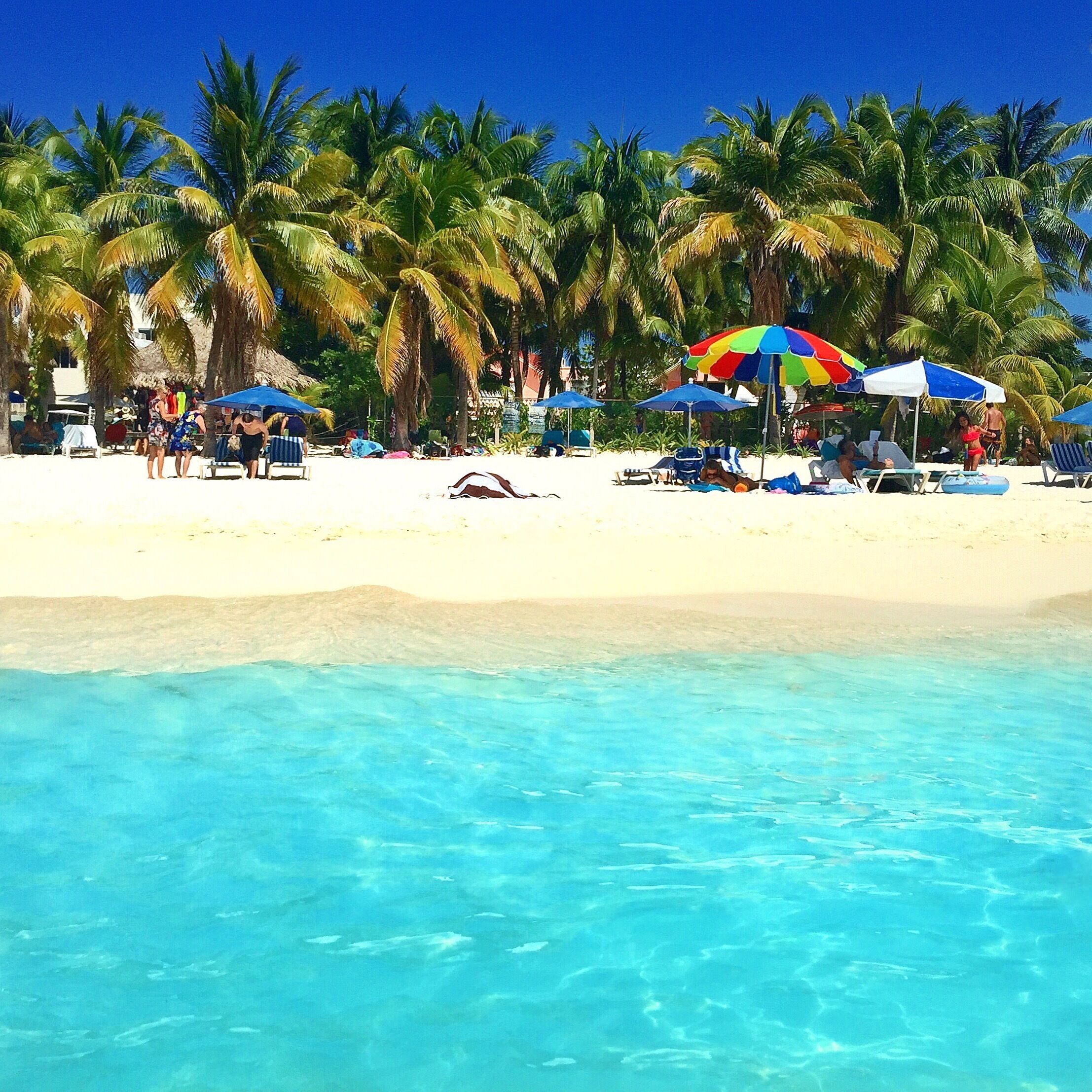 A beach with clear turquoise water, palm trees, and people relaxing under colorful umbrellas.