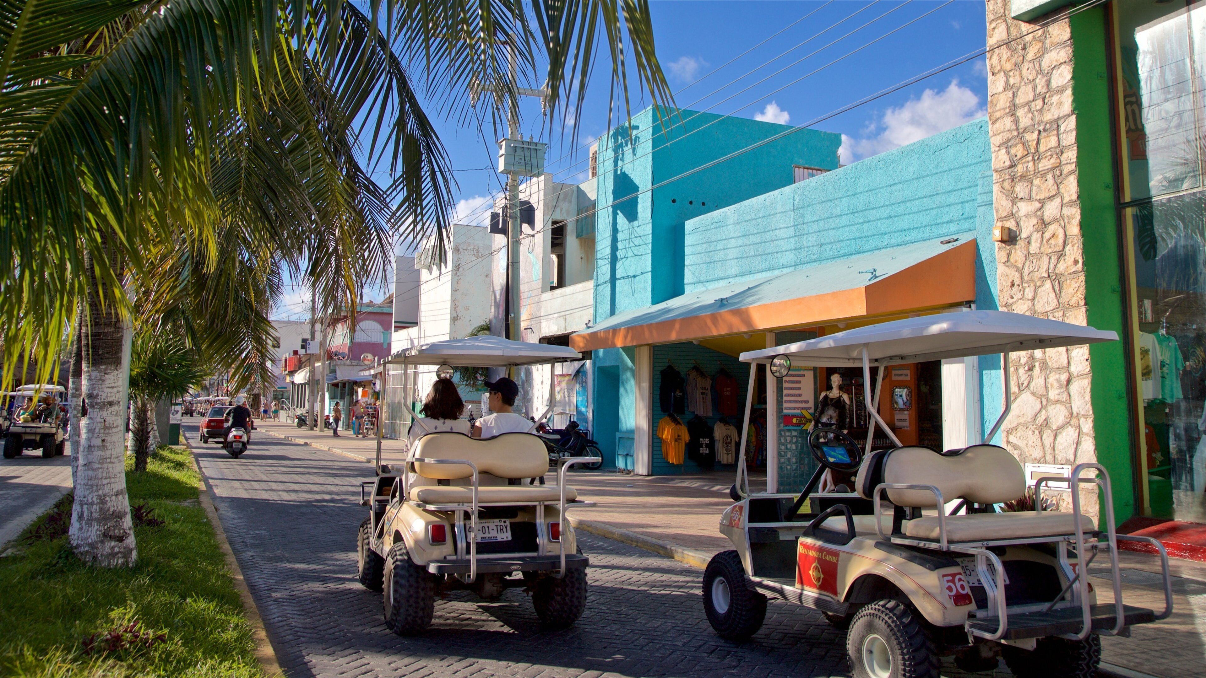 Una calle con palmeras, un edificio azul y un carrito de golf.