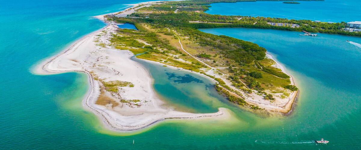 This is a drone view of Honeymoon Island State Park on the Gulf coast, in Dunedin, Florida.